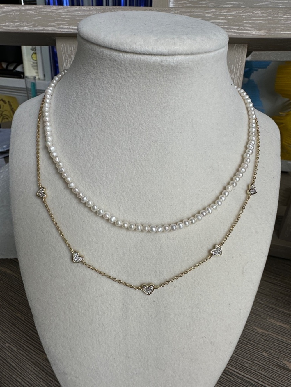 Delicate White Pearl & Gold Heart Layered Necklace Set